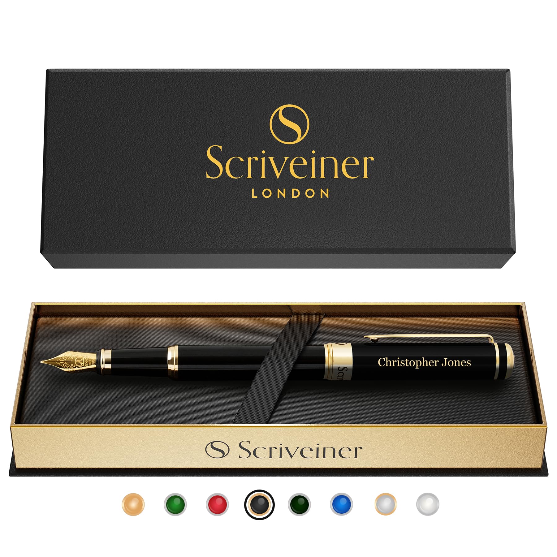 Scriveiner Personalized Black Fountain Pen - Stunning Luxury Pen, Jet Black Lacquer, Real Gold