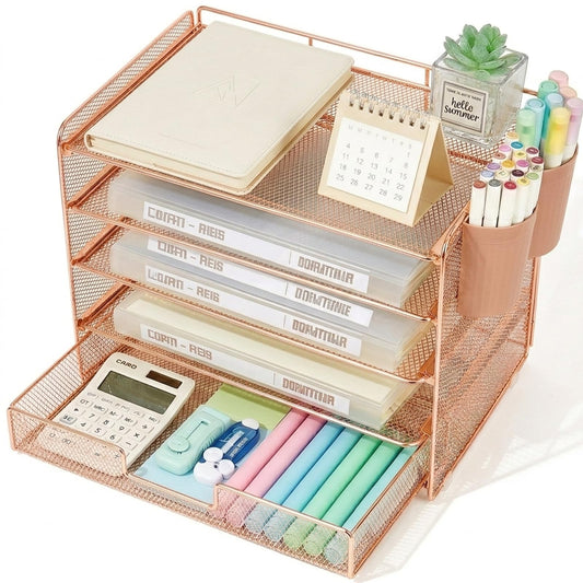 LEKETREE Desk Organizer and Accessories, 5-Tier Paper Letter Tray Organizer with Drawer & 2 Pen