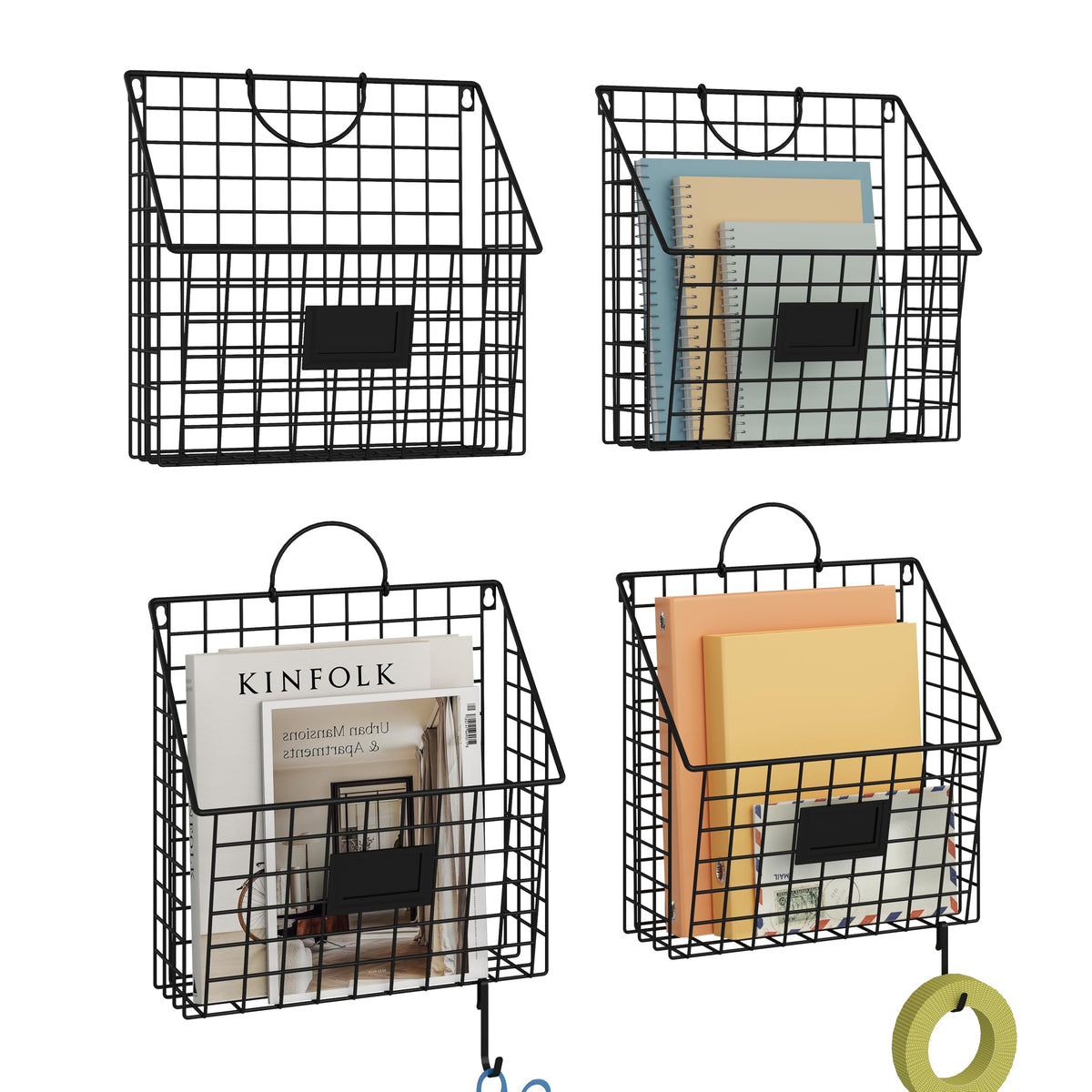 4 Packs Hanging Wall File Organizer with Hooks, Magazine Rack ,Mail Basket