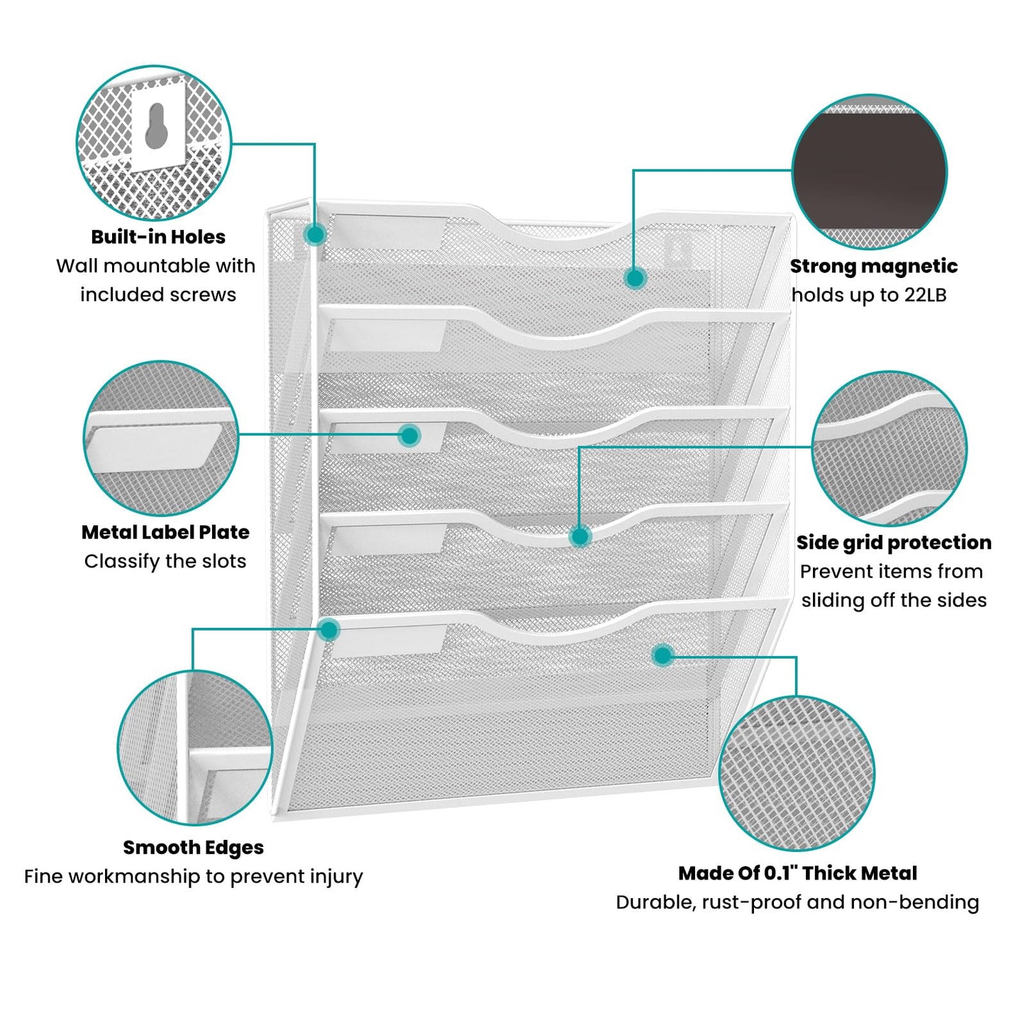 LQPAFZ 5-Tier Magnetic File Organizer, No Drilling Installation, White Magnetic Paper Holder