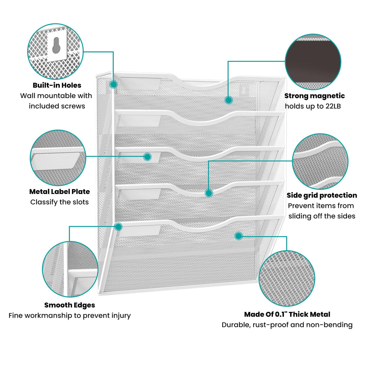 LQPAFZ 5-Tier Magnetic File Organizer, No Drilling Installation, White Magnetic Paper Holder