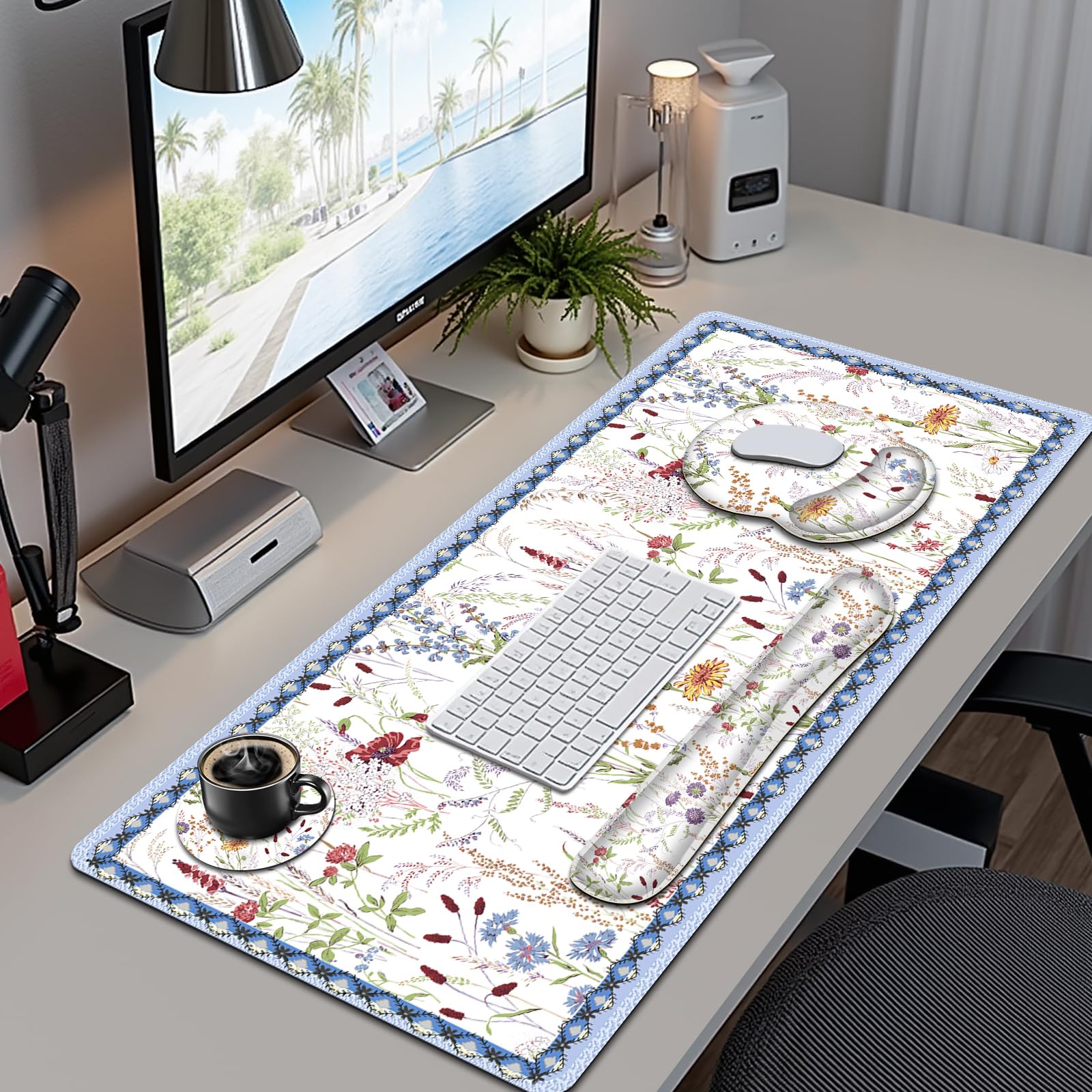 NXZGO Floral Desk Mat, 4in1 Large Mouse Pad with Wrist Rest, Cute Desk Mat, Anti-Slip XXL Computer