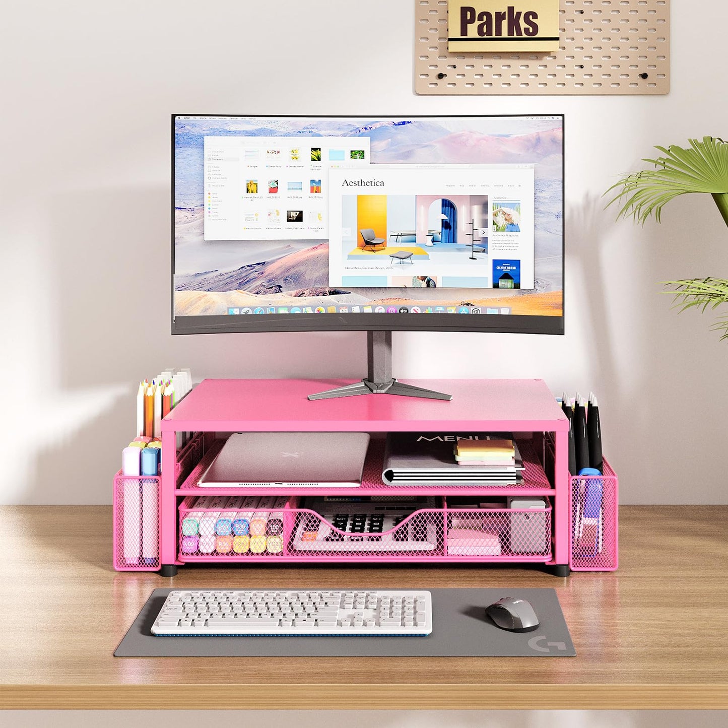 OPNICE Desk Organizers and Accessories, Computer Monitor Stand Riser with Drawer and 2 Pen Holders