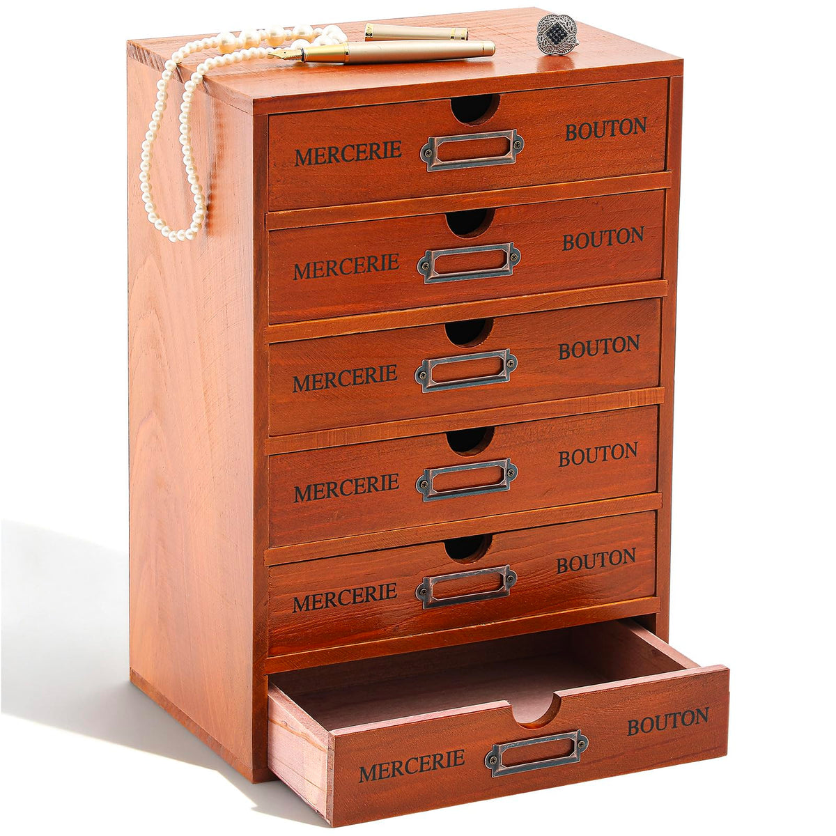 Wesiti Wooden Desk Organizer, 6 Drawers, Vintage Makeup Cabinet, Brown