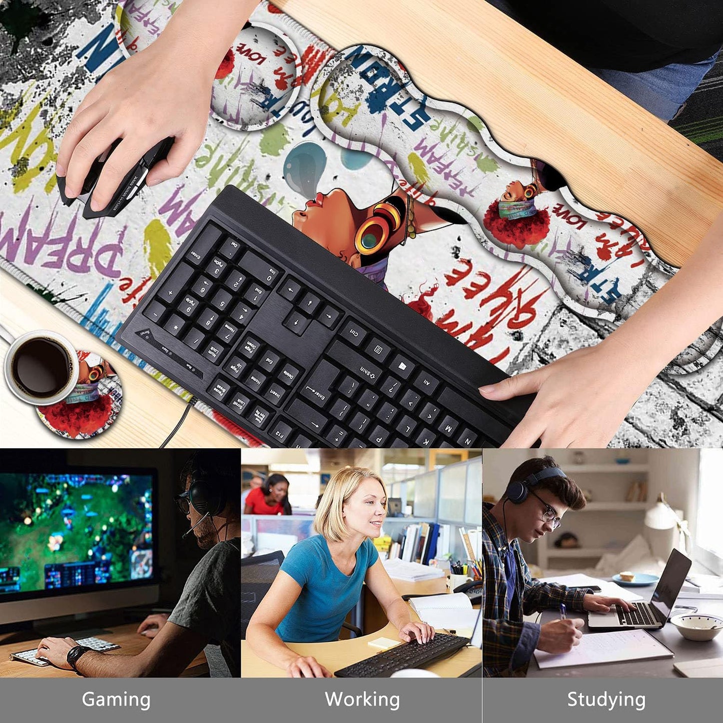 African Black Woman Graffiti Girls Desk Mat, Extended White Laptop Table Protector, Ergonomic Mouse