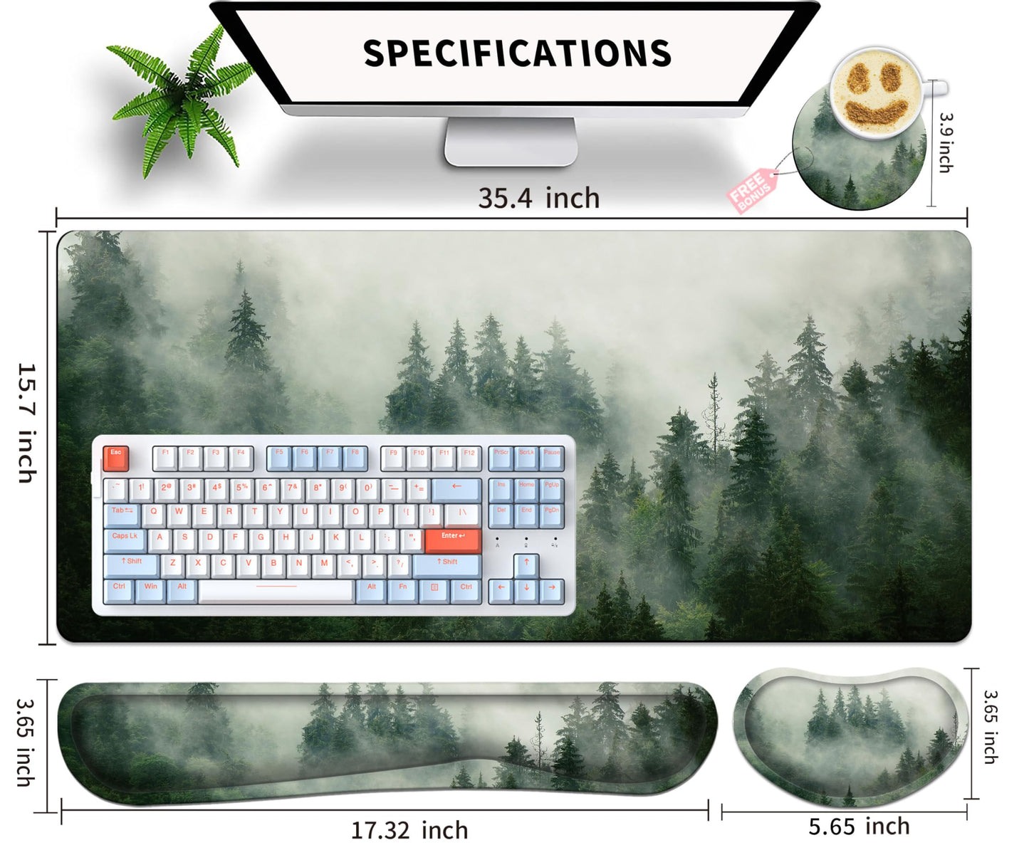 JYCUHTCL Forest Desk Pad Large Gaming Mouse Pad Set 35.4 x 15.7 with Keyboard Wrist Rest, Wrist