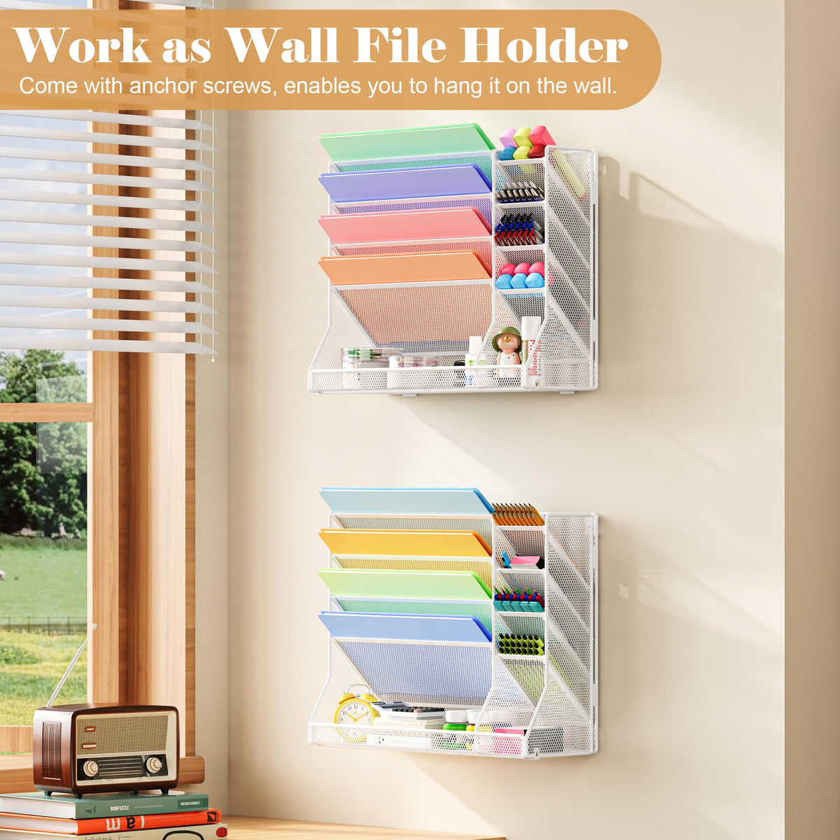 Jakyitvi Adjustable 5 Tiers Wall File Organizer Metal Hanging Holder White