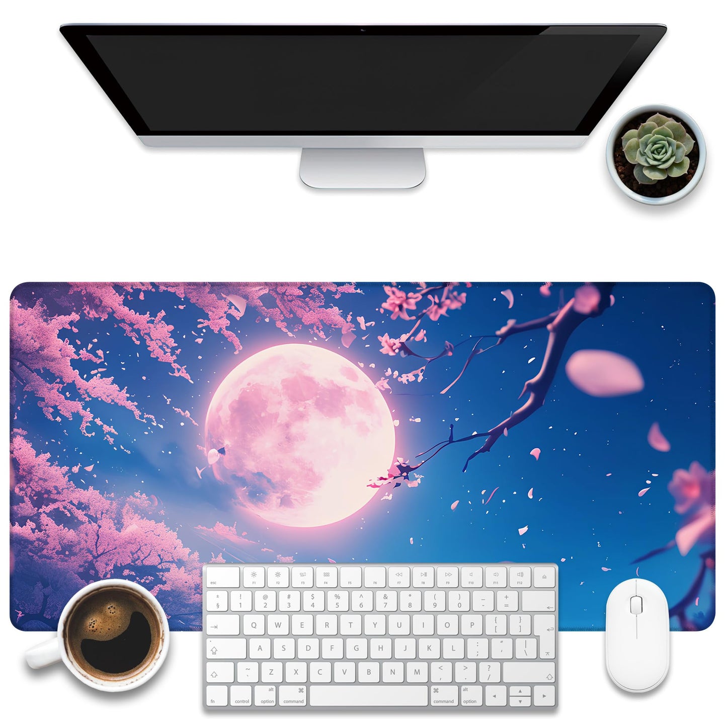 KOAIWPAE Large Gaming Mouse Pad for Desk, Falling Cherry Blossoms Desk Mat, Bright Full Moon Desk
