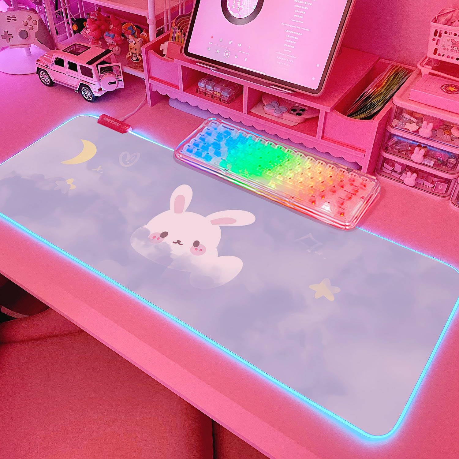 JMIYAV Pink RGB Gaming Mouse Pad Kawaii Mouse Mat 31.5x12 Inch PC XL Large Extended Glowing Led