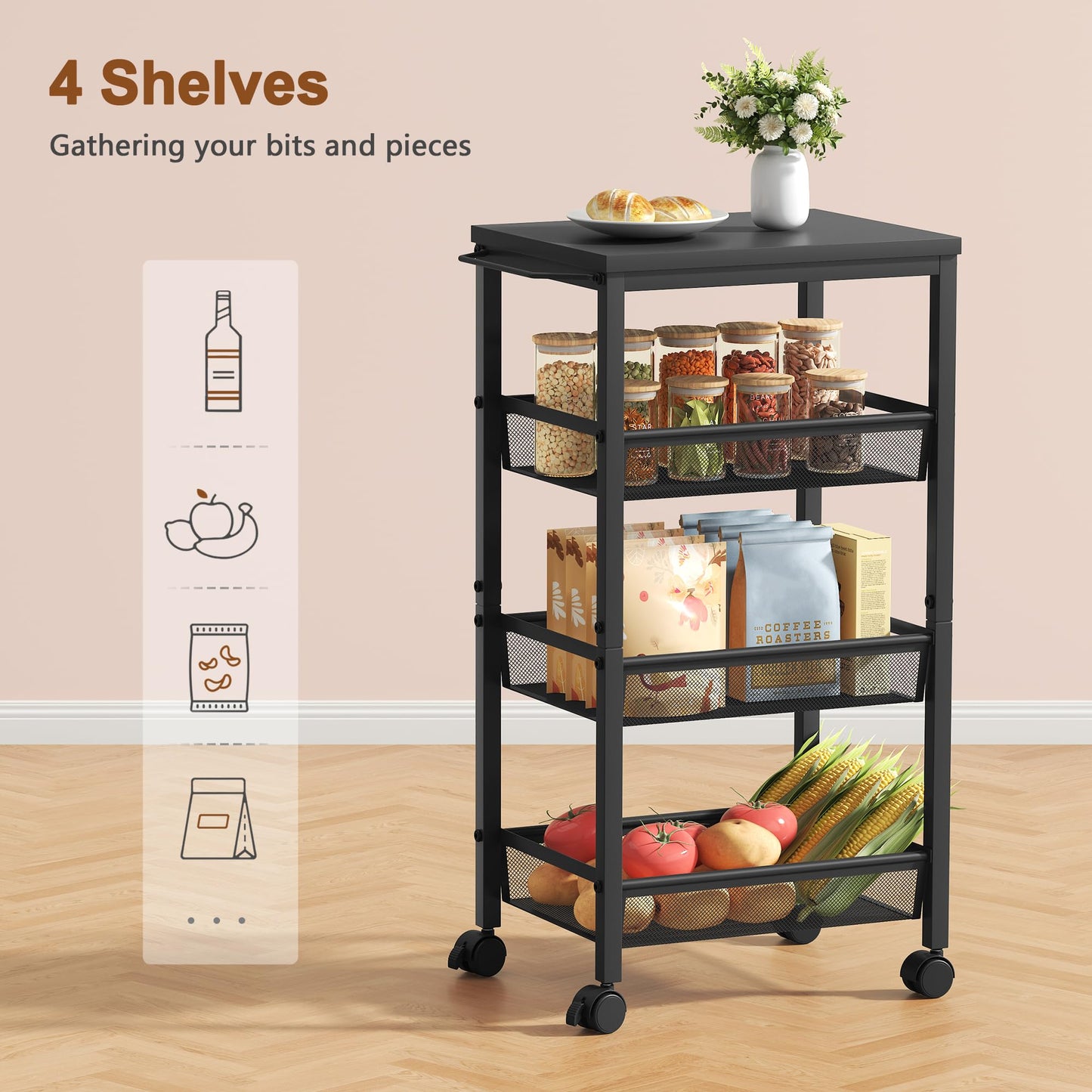 Hoctieon Rolling Storage Cart, 4-Tier 11.8" Wide Panel Rolling Kitchen Storage Cart, Utility Carts