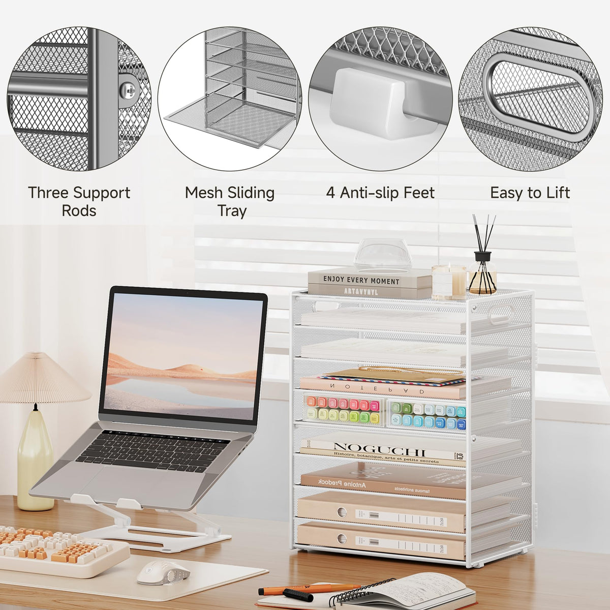 SUBEKYU 9 Tier Paper Letter Tray Desk Organizer with Handles - White Metal Mesh File Holder Paper