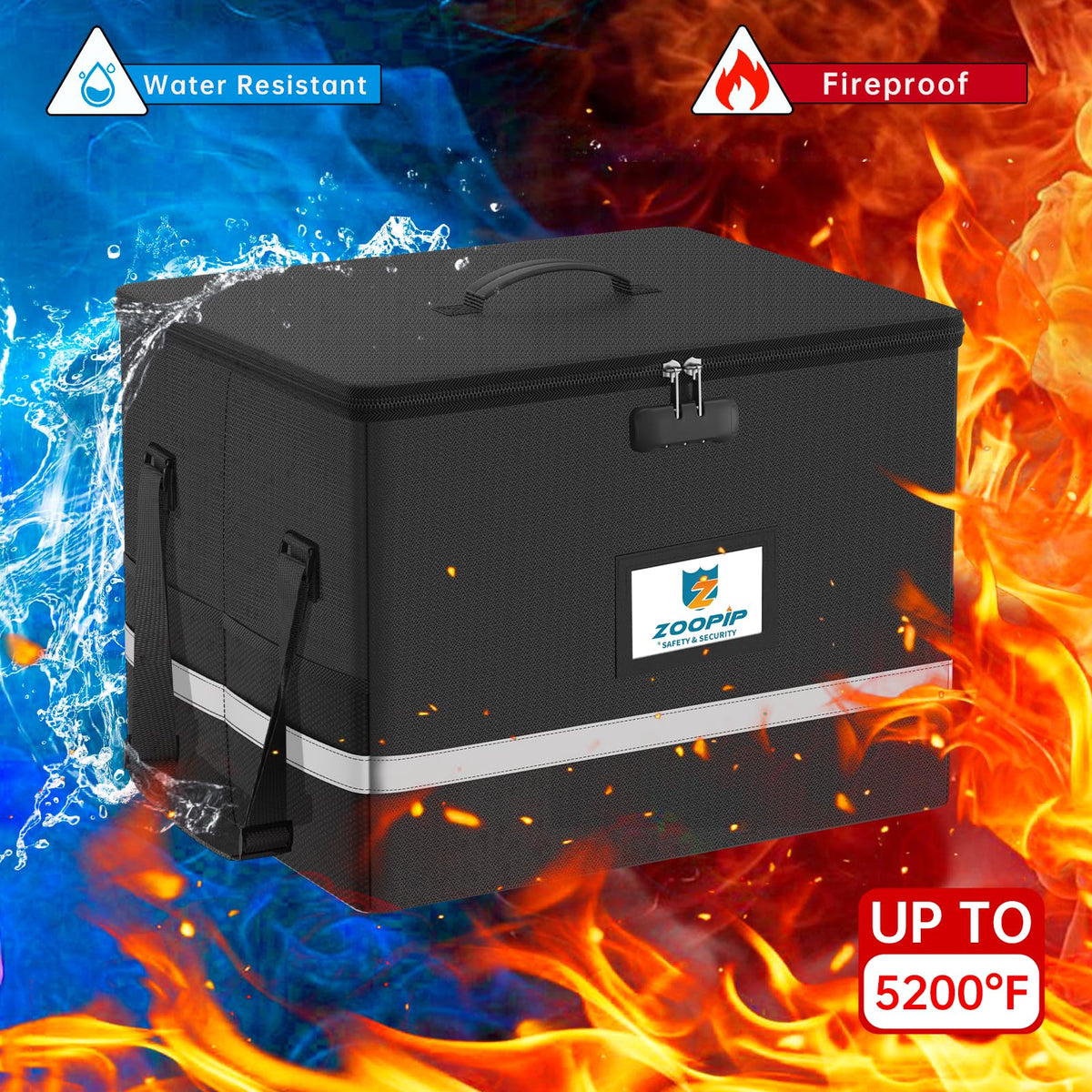 ZOOPIP Fireproof File Box with Lock, 5200℉ Document Organizer, Black