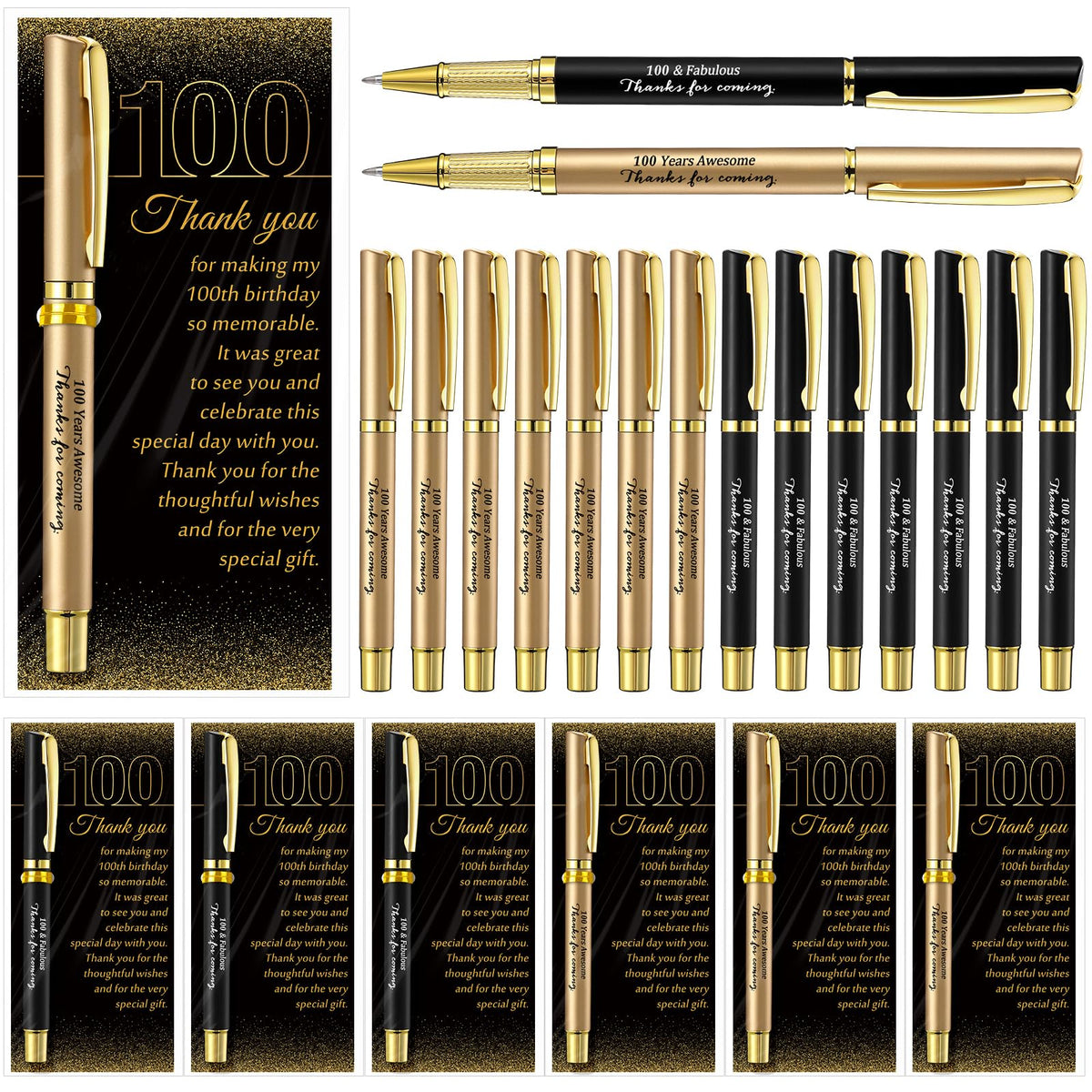 Feifeiya 50 Set 100th Birthday Favors with Black Gold Pens Cards