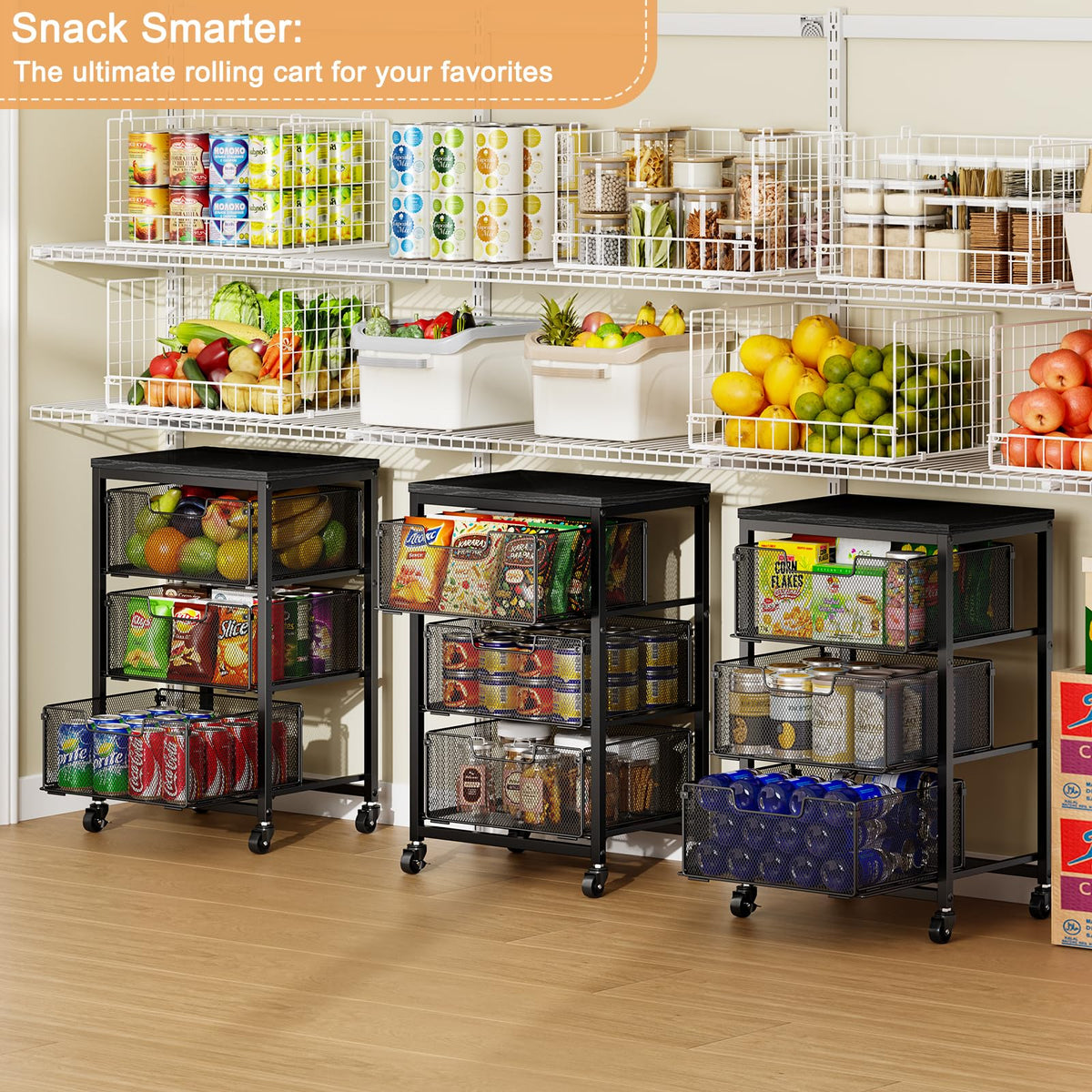 Pantry Organizer and Storage Cart, 3-Tier Kitchen Storage Cart with Drawer, Fruit Vegetable Storage
