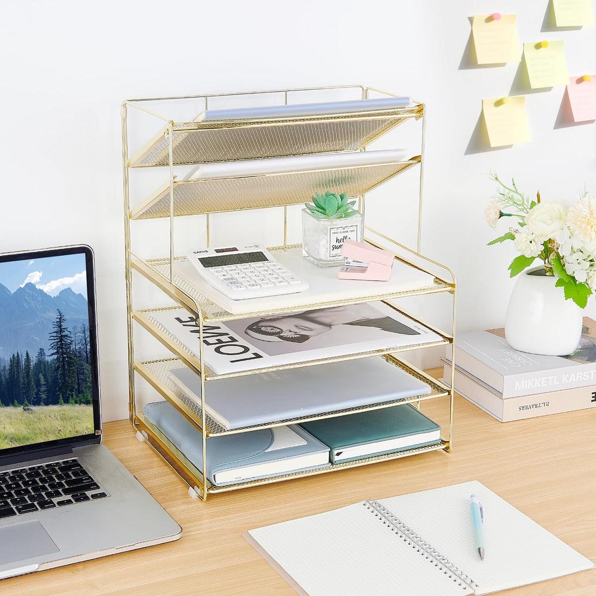 OPNICE Desk Organizer, 6-Tier Paper Organizer Letter Tray, Gold