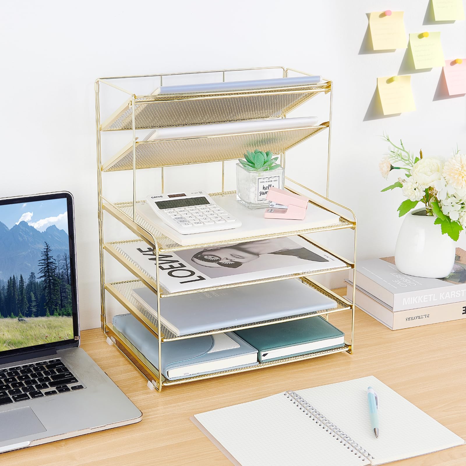 OPNICE Desk Organizer, 6-Tier Paper Organizer Letter Tray, Gold