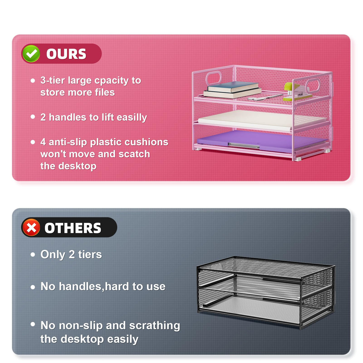 Marbrasse 3 Tier Paper Organizer Letter Tray, Mesh File Organizer with Handle, Paper Sorter Desk