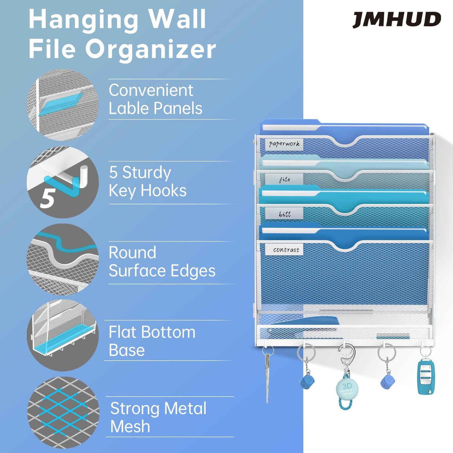 JMHUD 5-Tier Wall File Organizer and Mail Organizer with 5 Hooks, White