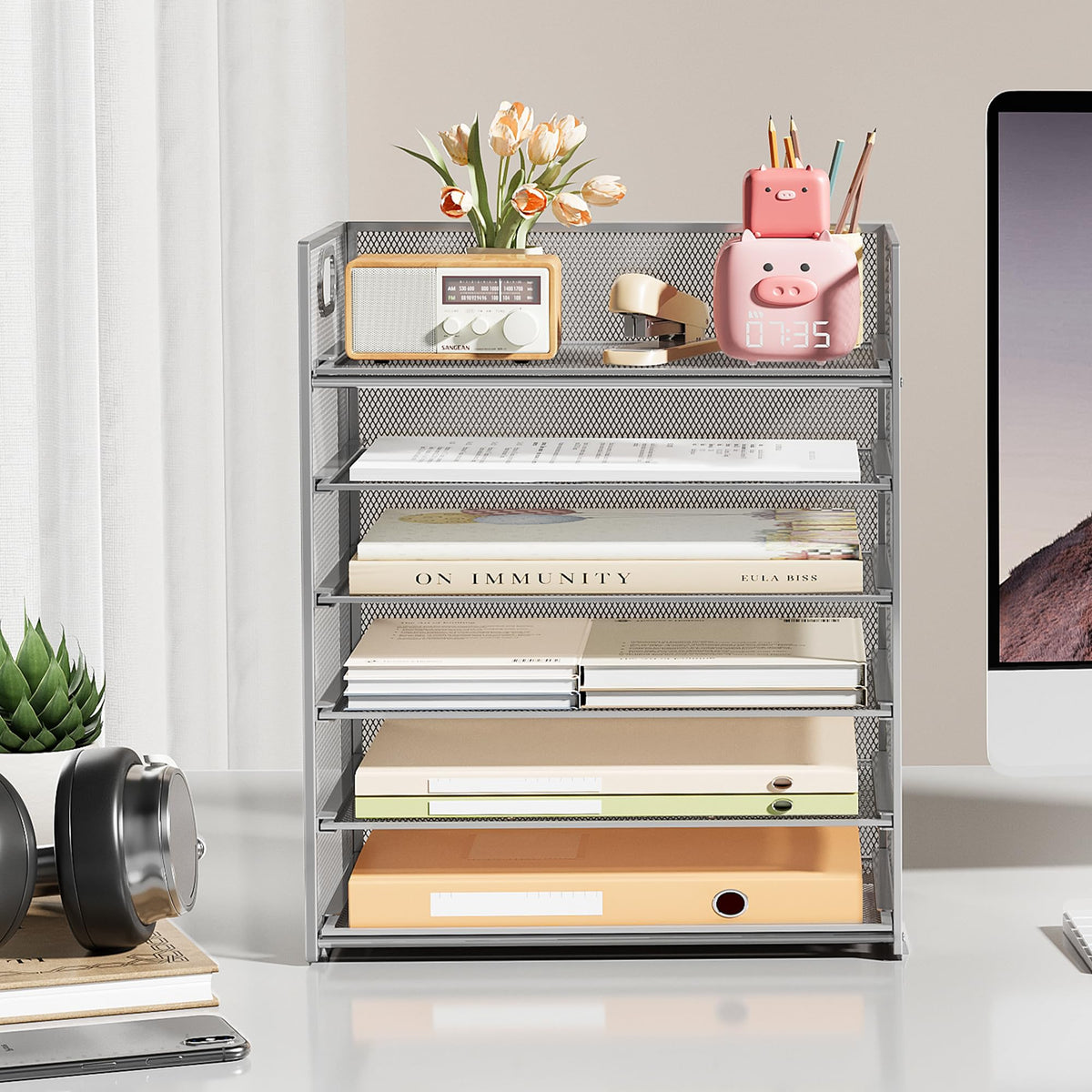 Subekyu 6 Tier Paper Organizer for Desk with Handle, Metal Mesh Desk Office File Folder Paper