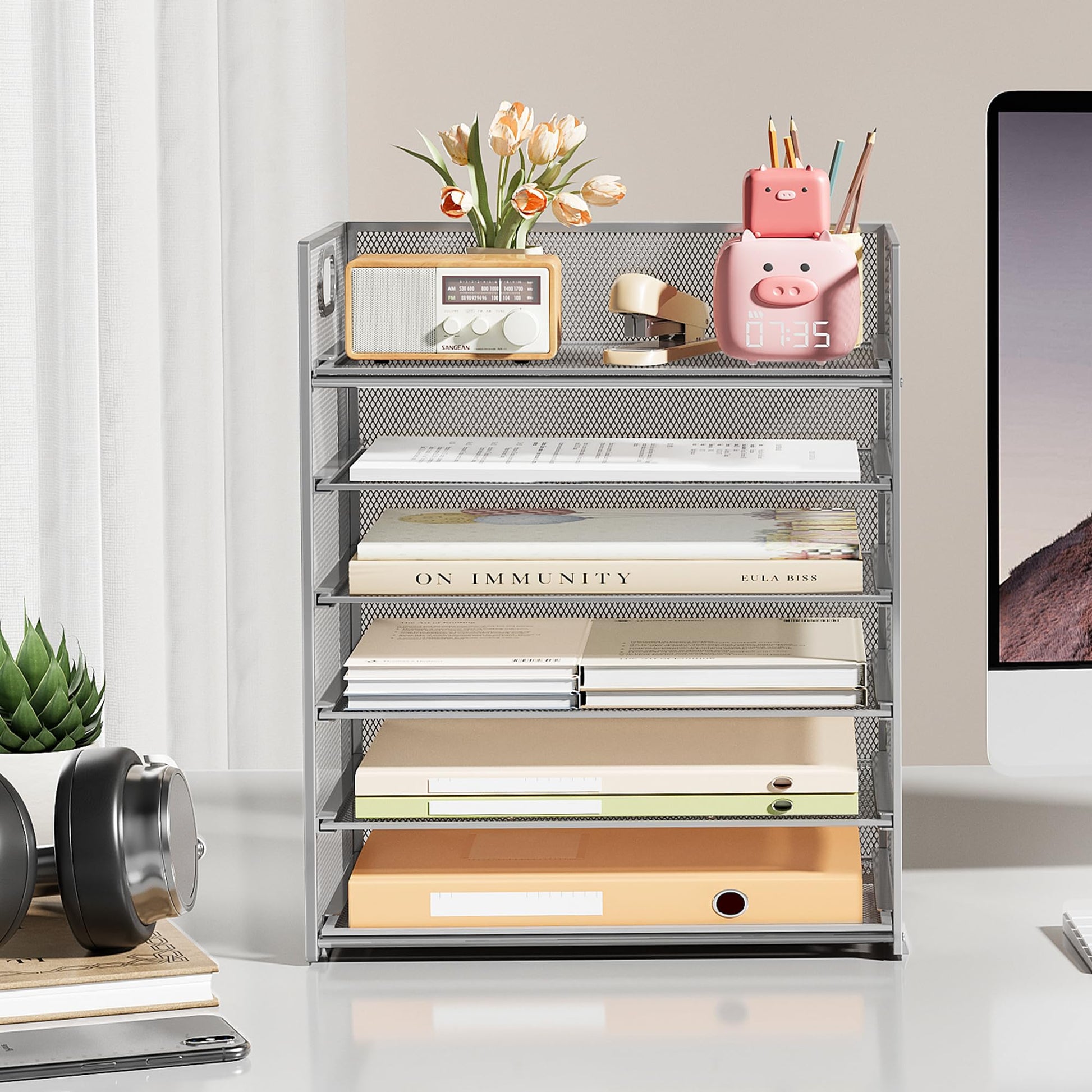Subekyu 6 Tier Paper Organizer for Desk with Handle, Metal Mesh Desk Office File Folder Paper