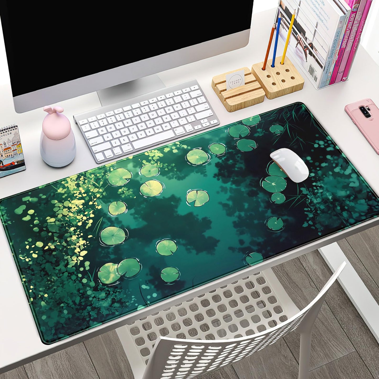 Lily Desk Mat Green Mouse Pad Large Cute Pond Desk Pad Gaming Mousepad XXL 31.5''X15.7'' Plant