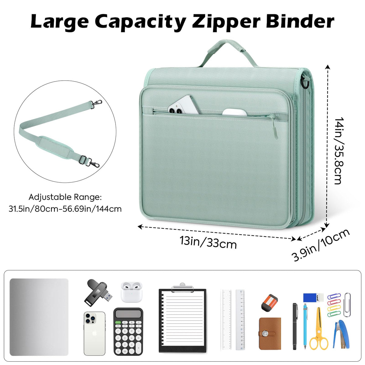 MoKo Zipper Binder, 2-Inch 3-Ring, 500 Sheets, 5-Tab File Folders, Green
