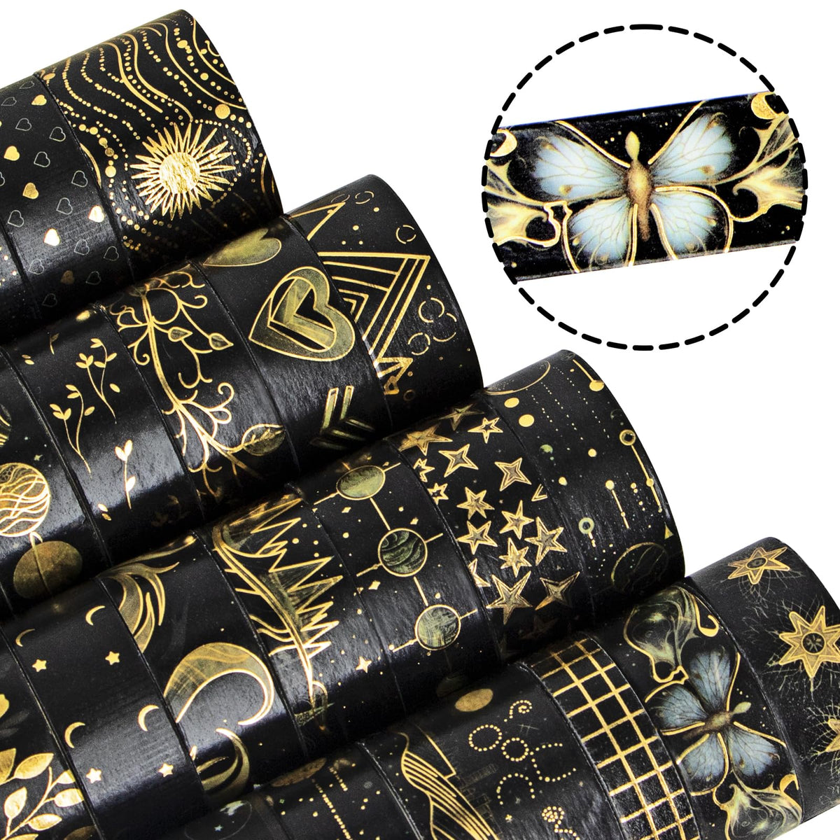 NANYNNU Black Washi Tape Set, 27 Rolls Black Gold Foil Decorative Masking Tape for Bullet