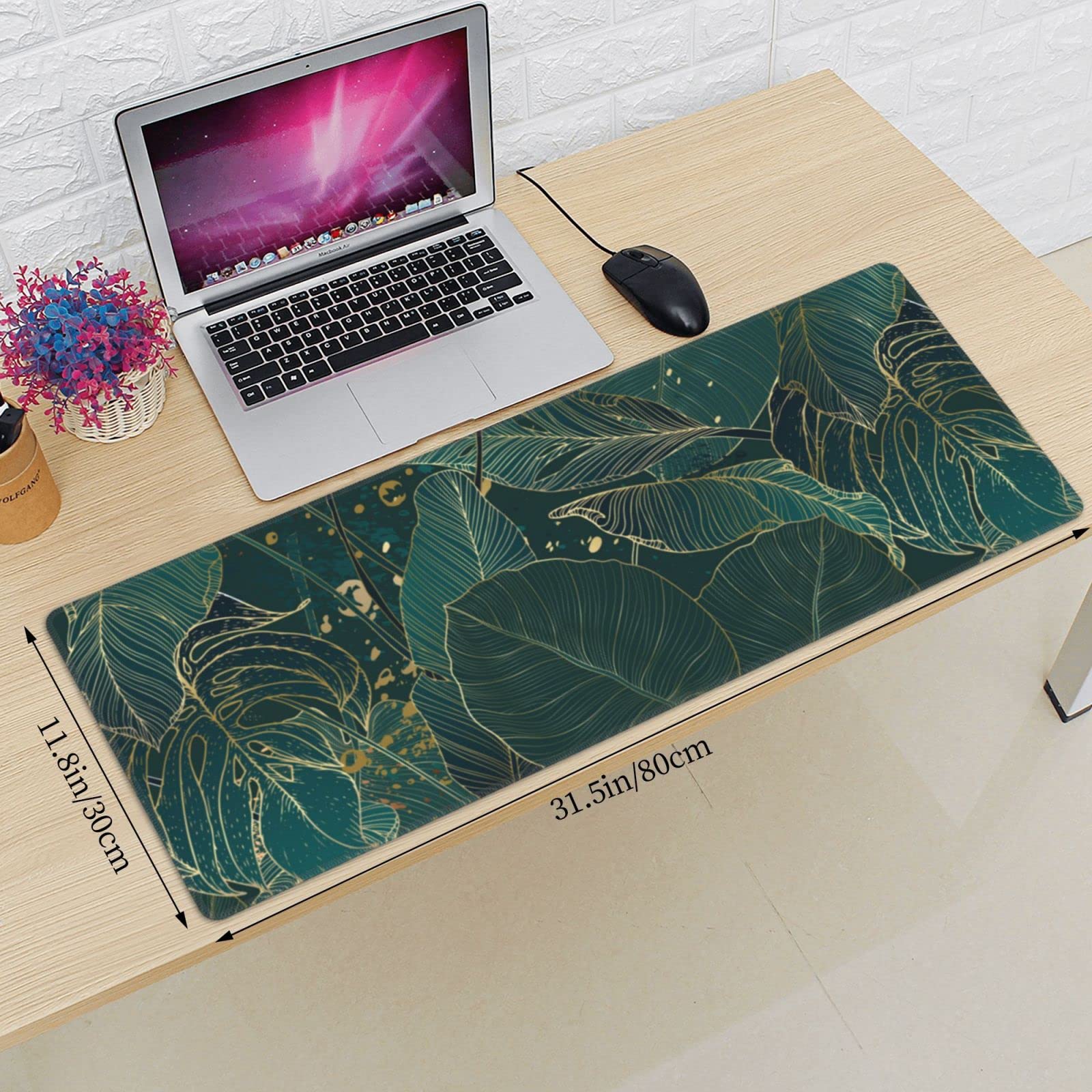 Tropical Monstera Leaves Gold Green XXL XL Large Gaming Mouse Pad for Desk, Non-Slip Long Extended