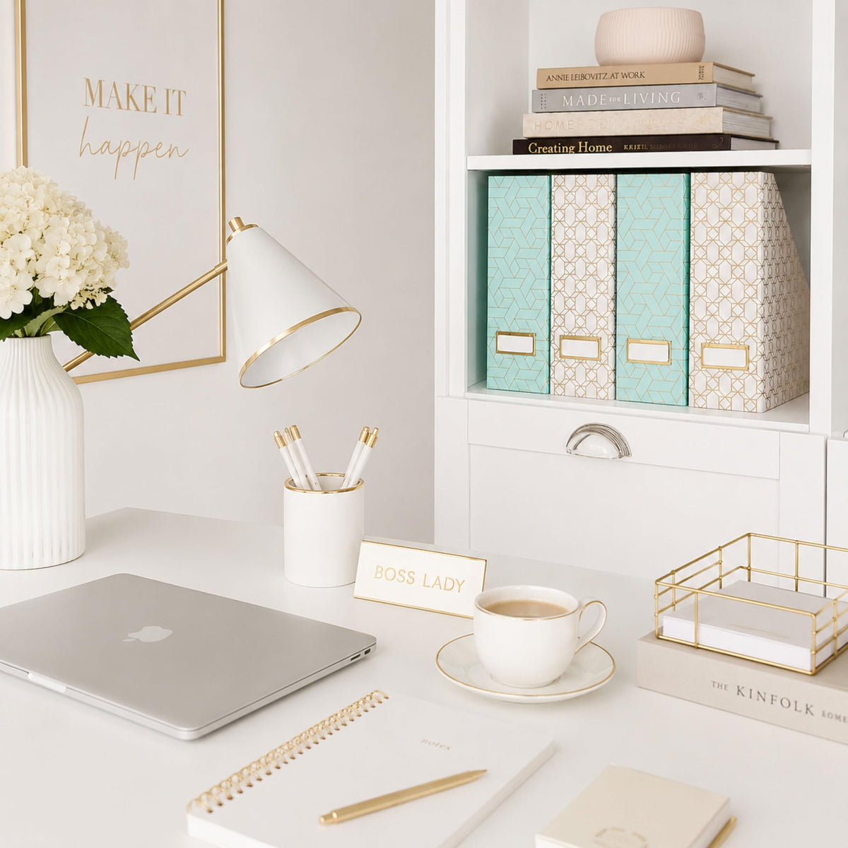 BLU MONACO | Set of 4 Foldable Pink & Aqua Magazine File Holders with Gold Geometric Patterns |