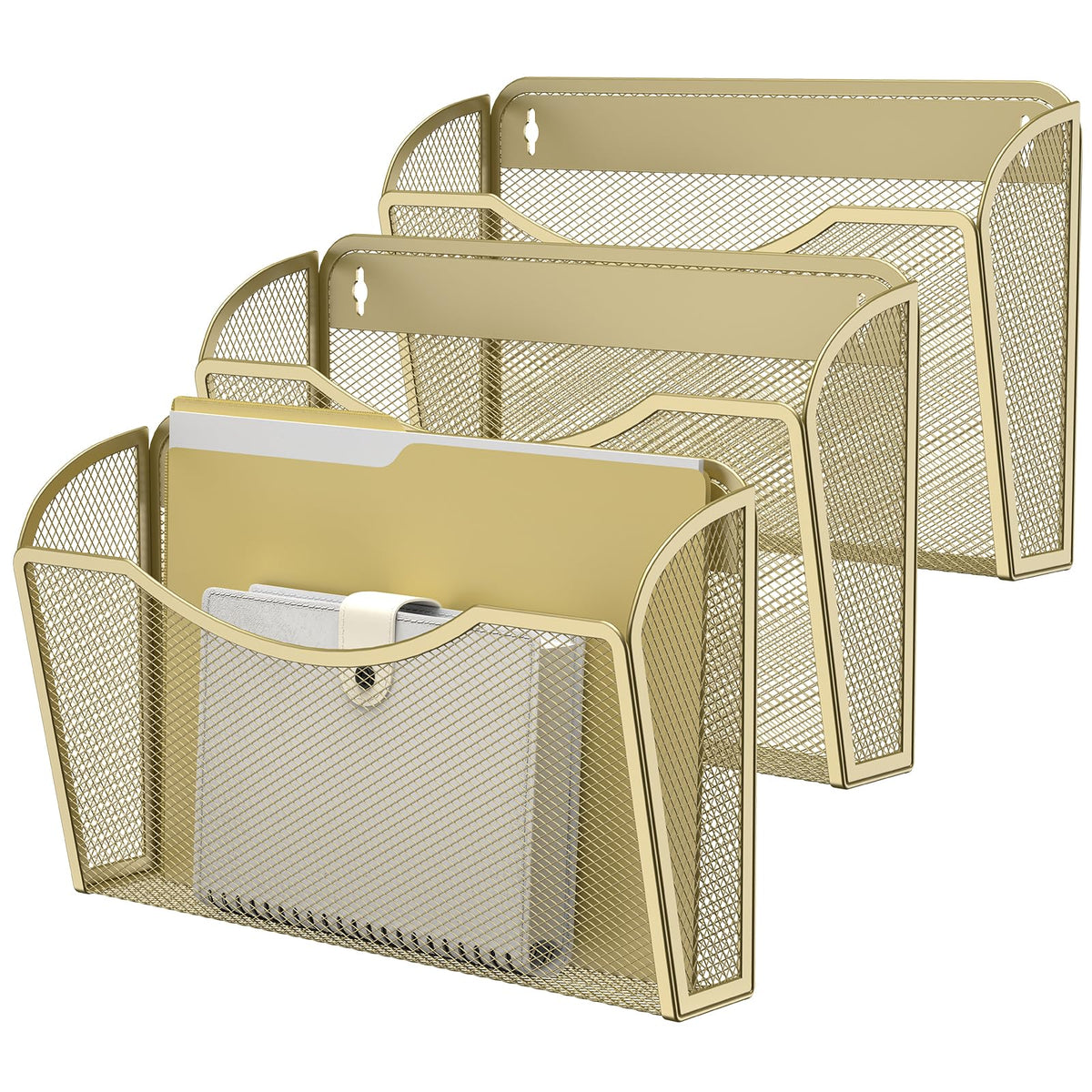 MINDEPOT Wall File Organizer, Hanging Wall File Holder, 3 Pack, Gold