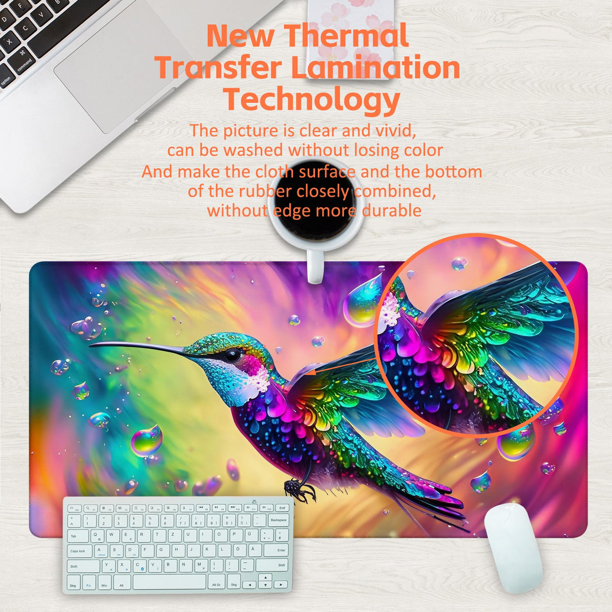 KOAIWPAE Large Gaming Mouse Pad for Desk, Colorful Hummingbird Desk Mat, Bright Hummingbird Desk