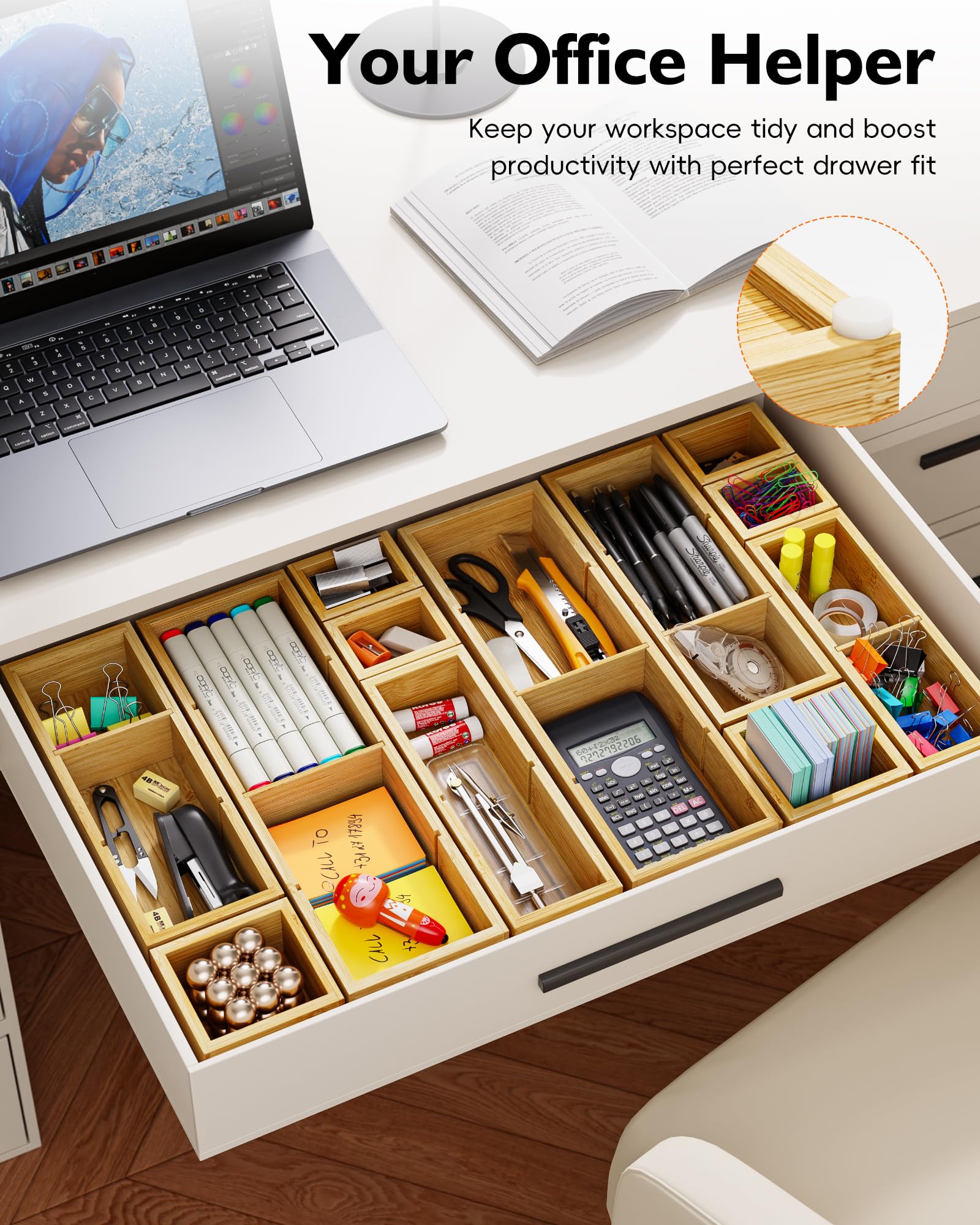 12-Piece Bamboo Drawer Organizer Set, 24 Compartments Modular Storage