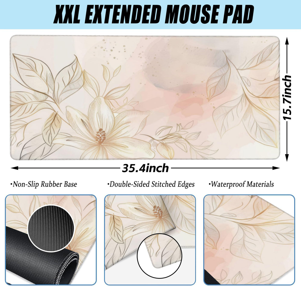 Desk Mat,Minimalist Flowers and Leaves Large Gaming Mouse Pad for Desk XXL,Golden Line Floral Desk
