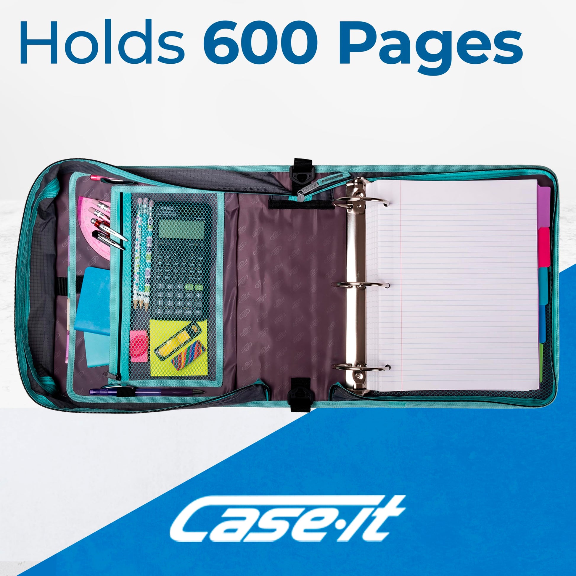 Case-it School Zipper Binder | 3-Inch O-Rings | 600-Sheet | D-146 Aqua