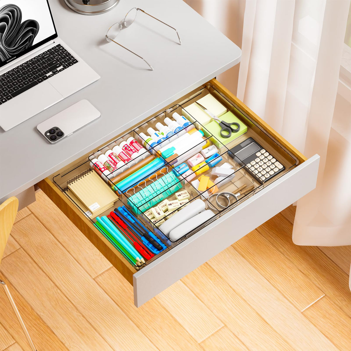 Yieach Large Expandable Desk Drawer Organizer Tray for Office Supplies and Accessories With 12