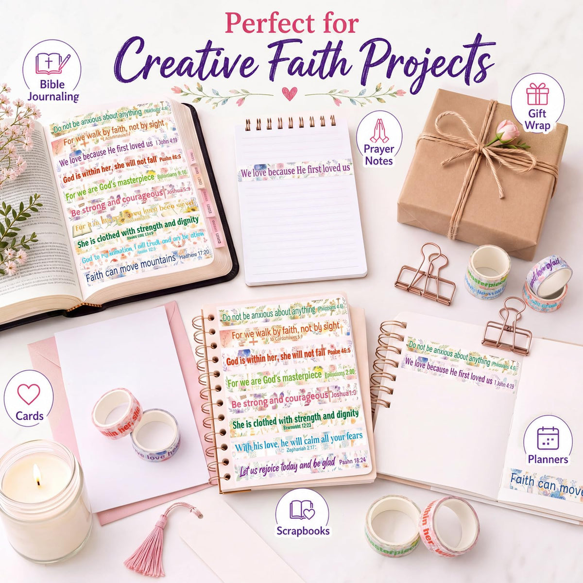 Janlaugh 24 Rolls Christian Washi Tape Gifts, Inspirational Religious