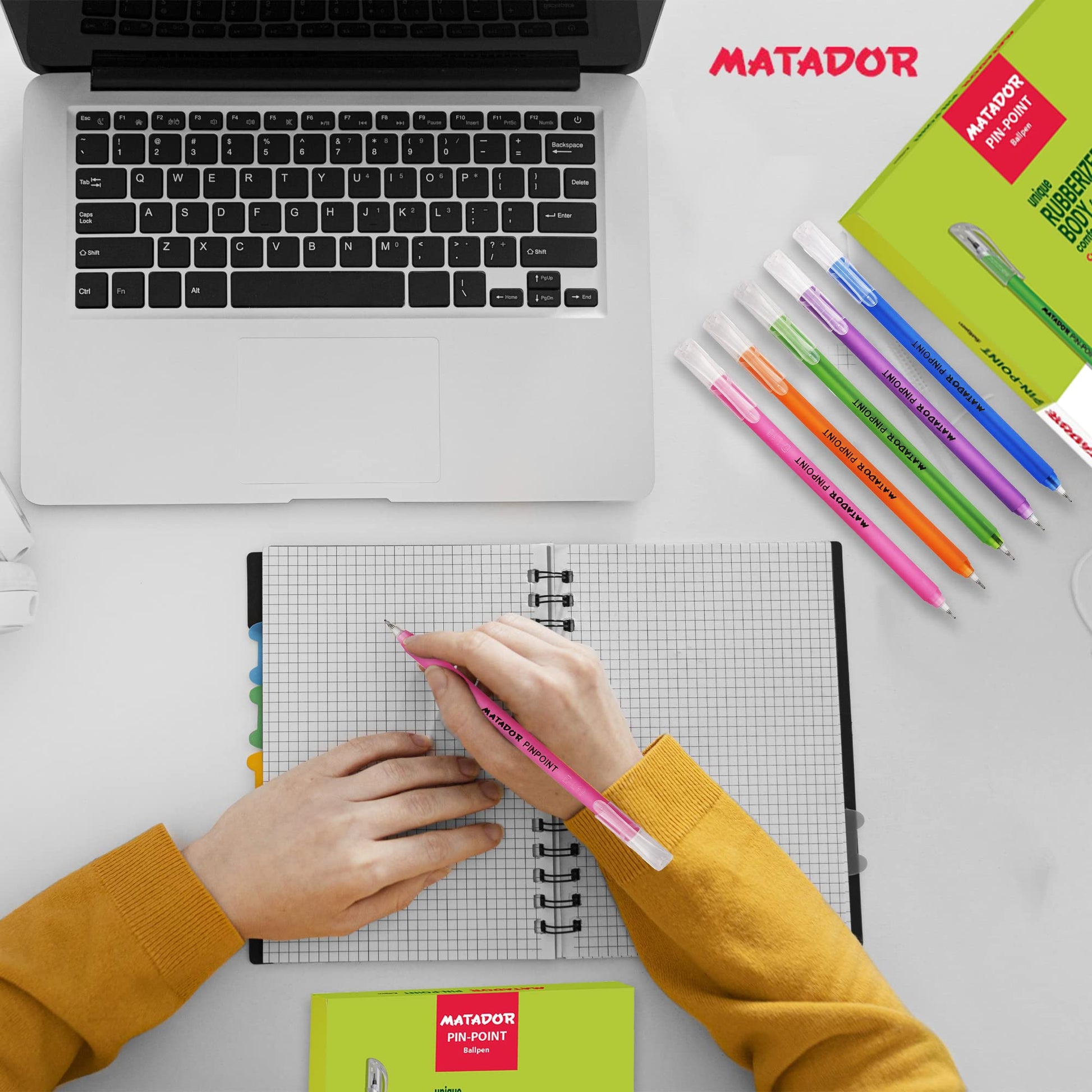 Matador Ballpoint for Journaling - Assorted Color Rubberized Body Fine Black Ink Pens - Writing