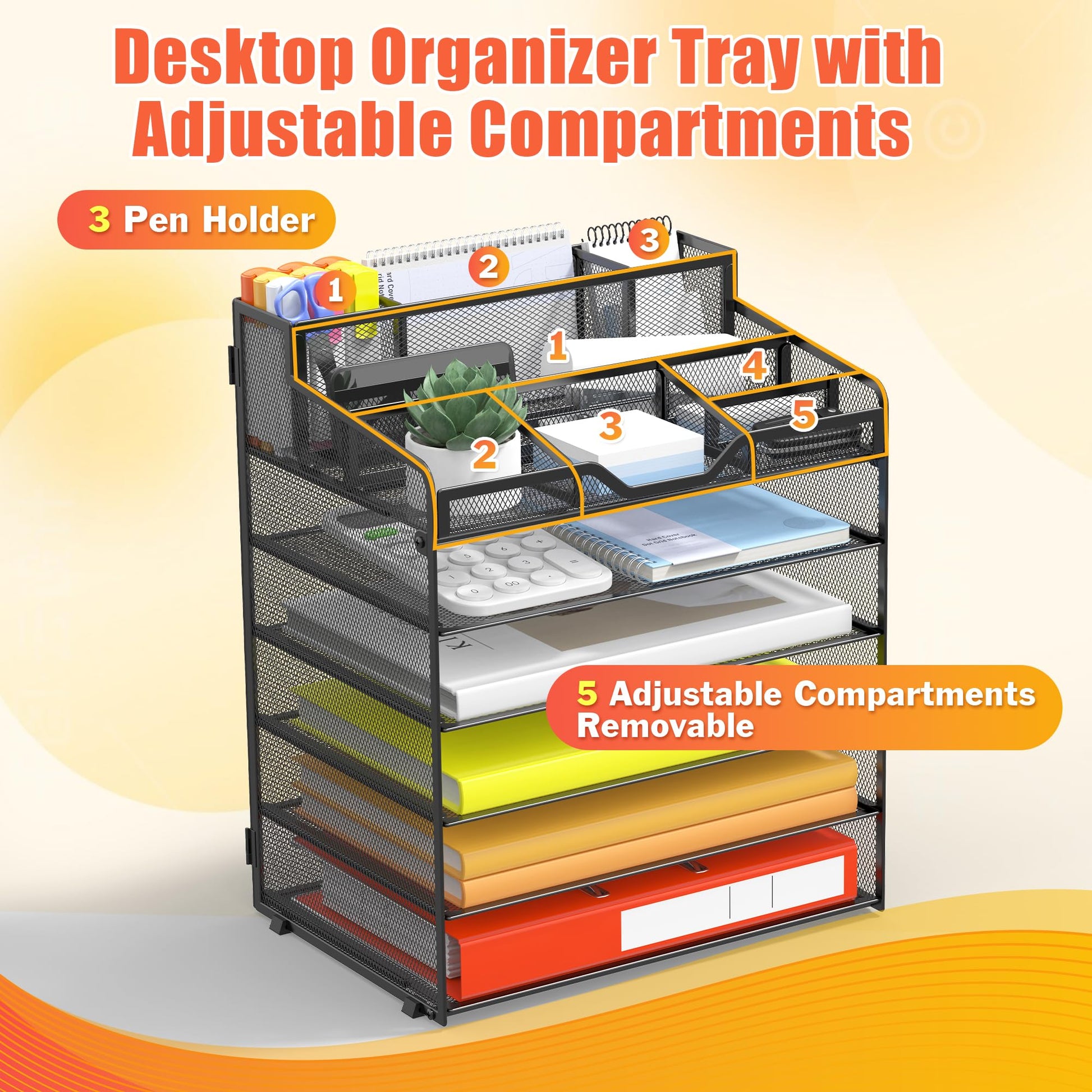 Docnest 6 Tier Mesh Desk Organizer with Letter Tray & Paper Sorter, Black