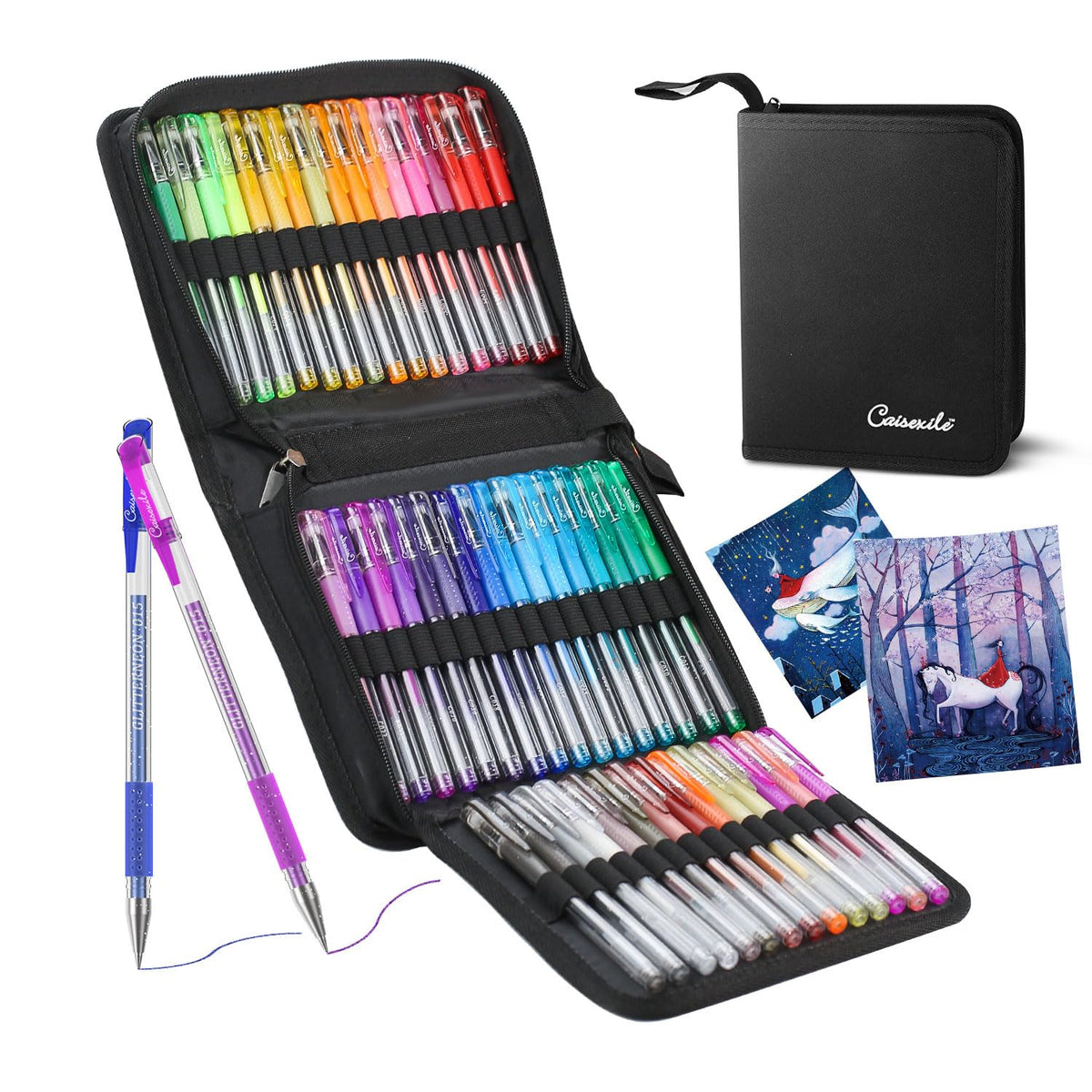 CAISEXILE Glitter Gel Pens for Adult Coloring Books, 96 Pack Artist Gel Pens 48 Colors with 50%