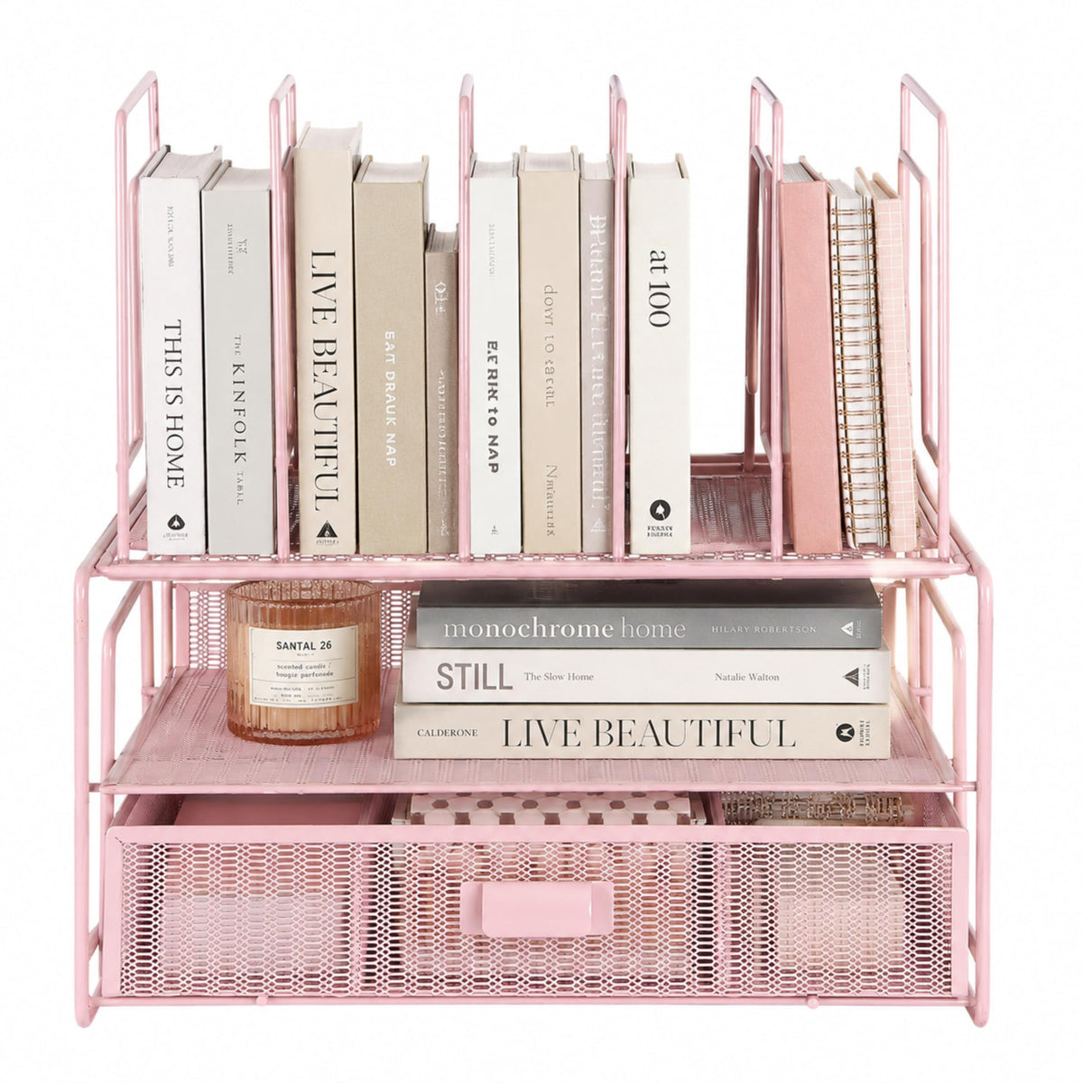 BLU MONACO | Pink Desk Organizer with Drawer | Wire Mesh Desk Organizer File Sorter | Metal Desktop