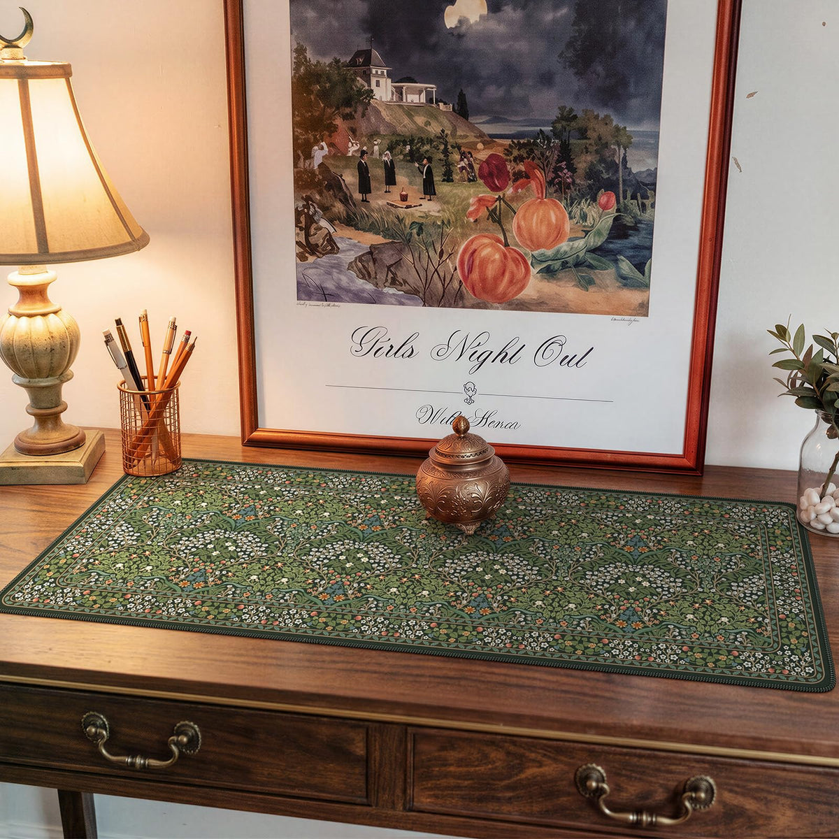 iCasso Aesthetic Floral Desk Mat, 31.5x11.8in Mouse Pads, Retro Green
