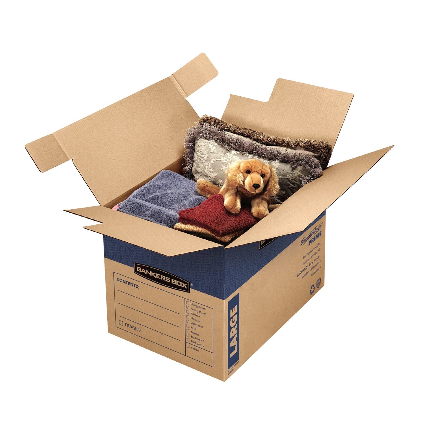 Bankers Box Large Prime Moving Box 6 Pack, Reinforced Handles, Tape-Free Assembly, Attached Lid