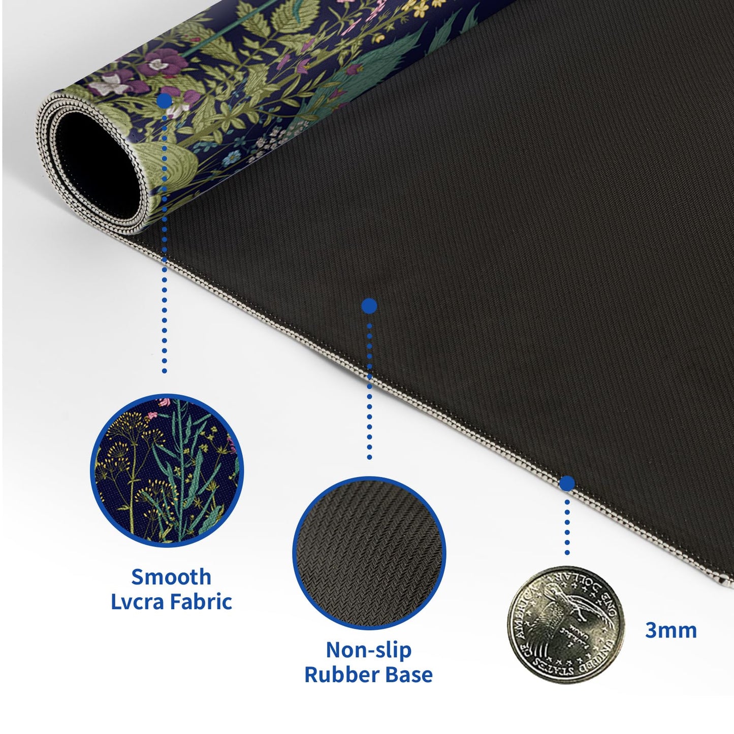 Wildflower Mouse Pad Abstract Black Mouse Pad 31.5x11.8 Inch Flower Texture Non-Slip Rubber Base