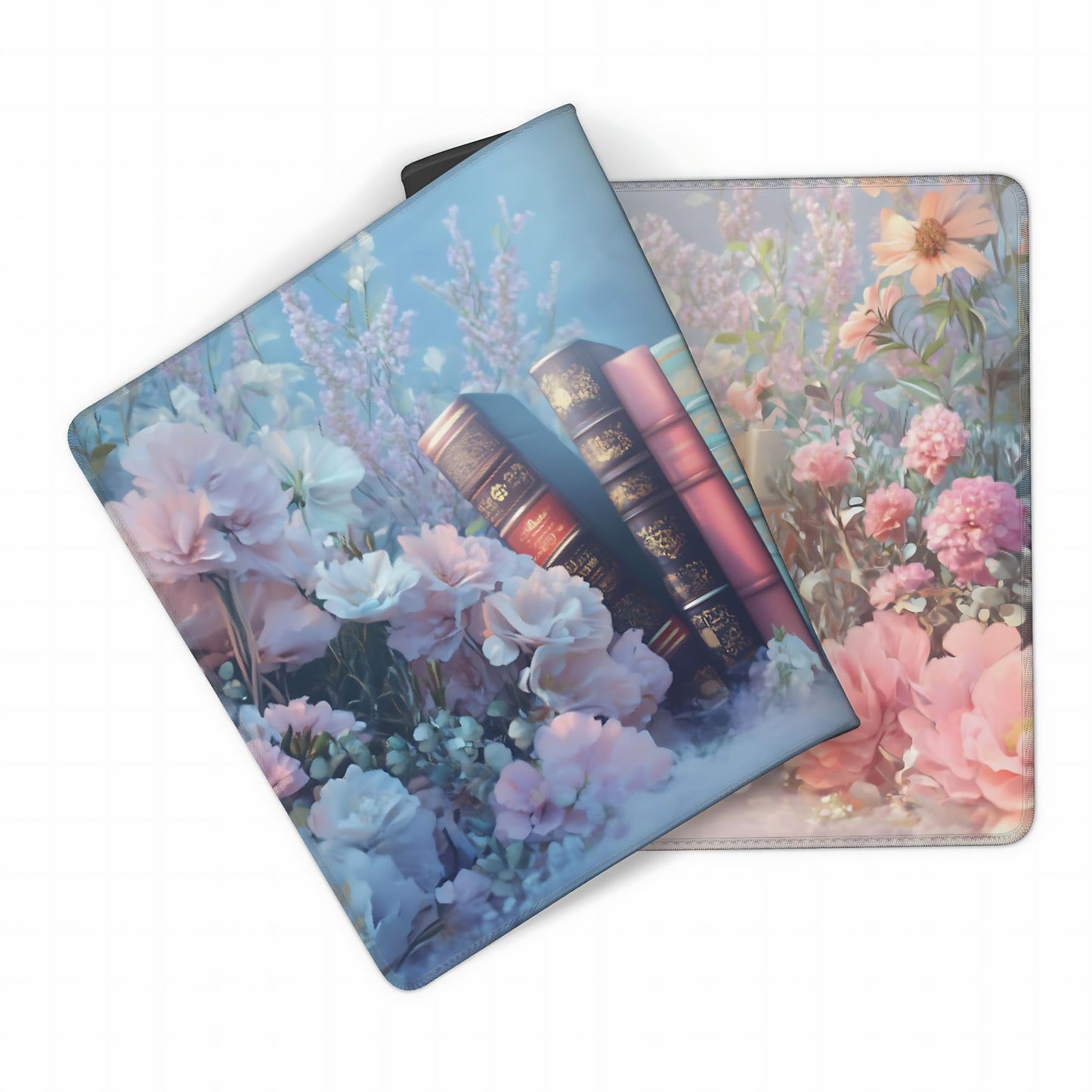 Cute Floral Aesthetic Book Gaming Mouse Pad, Blue Pink Dreamy Desk Mat with Anti-Slip Base &