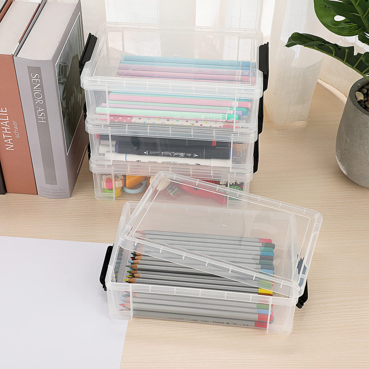BTSKY 4 Pack Extra Large Plastic Pencil Box Stackable, Translucent, Black