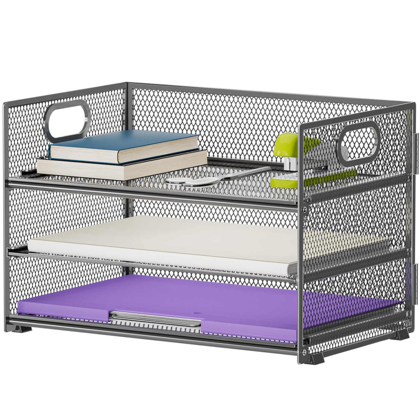 Marbrasse 3 Tier Paper Organizer Letter Tray, Mesh File Organizer with Handle, Paper Sorter Desk