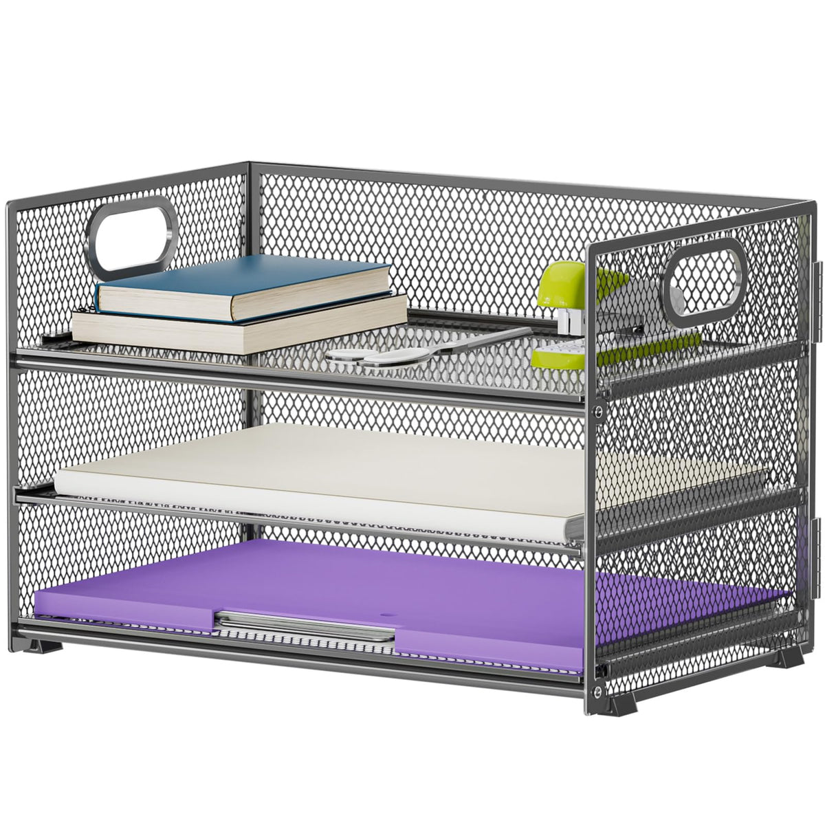 Marbrasse 3 Tier Paper Organizer Letter Tray, Mesh File Organizer with Handle, Paper Sorter Desk