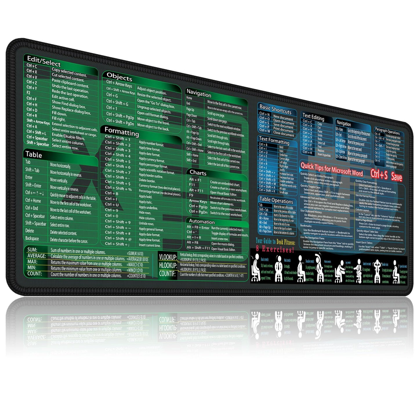 secret corner excel&Word Cheat Sheet Mousepad,XXL 35.4"x15.7" Office Desk Accessories mat, Computer