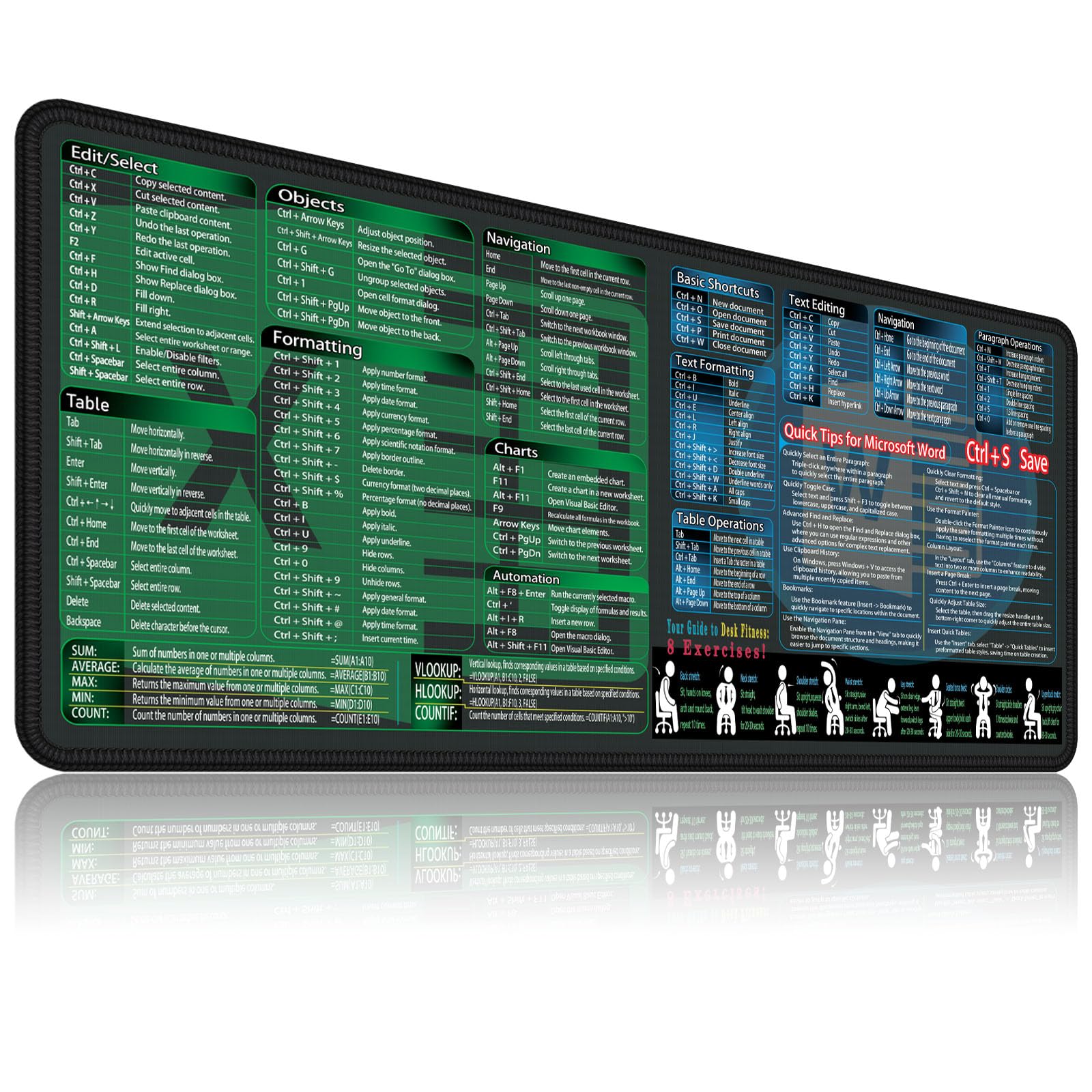 secret corner excel&Word Cheat Sheet Mousepad,XXL 35.4"x15.7" Office Desk Accessories mat, Computer