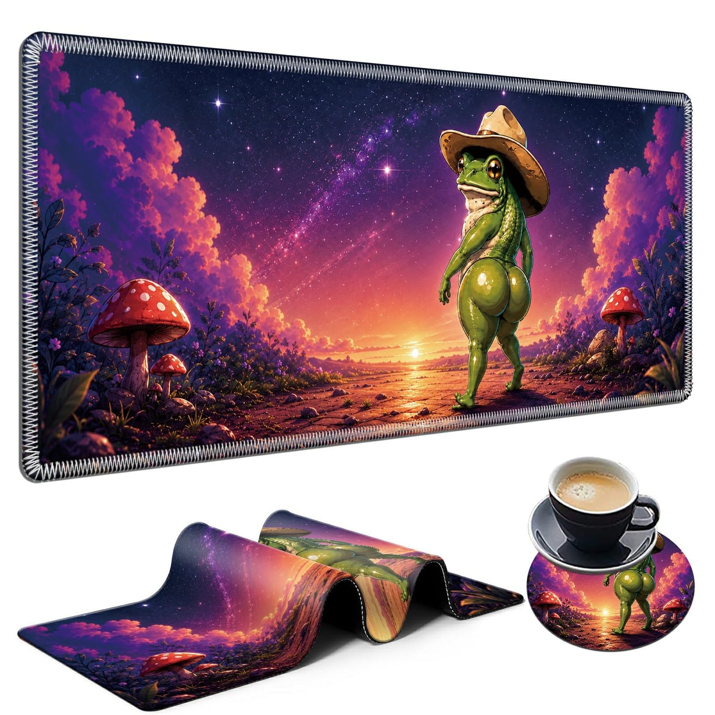 Cosmic Cowboy Frog Large Mouse Pad, 31.5 x 11.8 in Extended Desk Mat